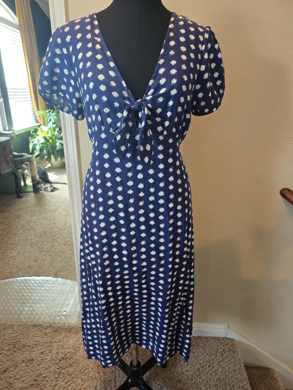 Morgan Taylor Navy Polka Dot Tie-Front Midi Dress - Women's